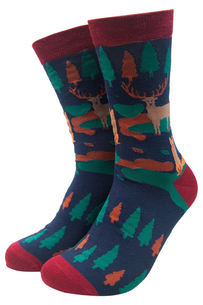 Men's Bamboo Socks Woodland Animal Dress Socks Stag Fox Navy Blue