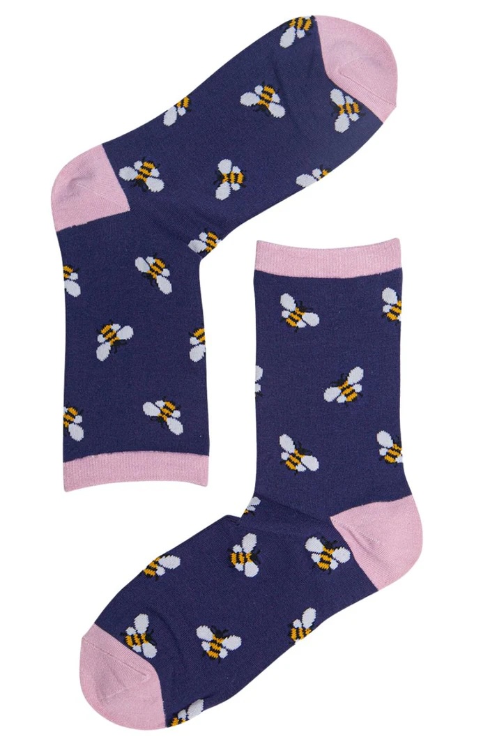 Womens Bamboo Bee Socks Bumblebees Ankle Socks Navy Blue